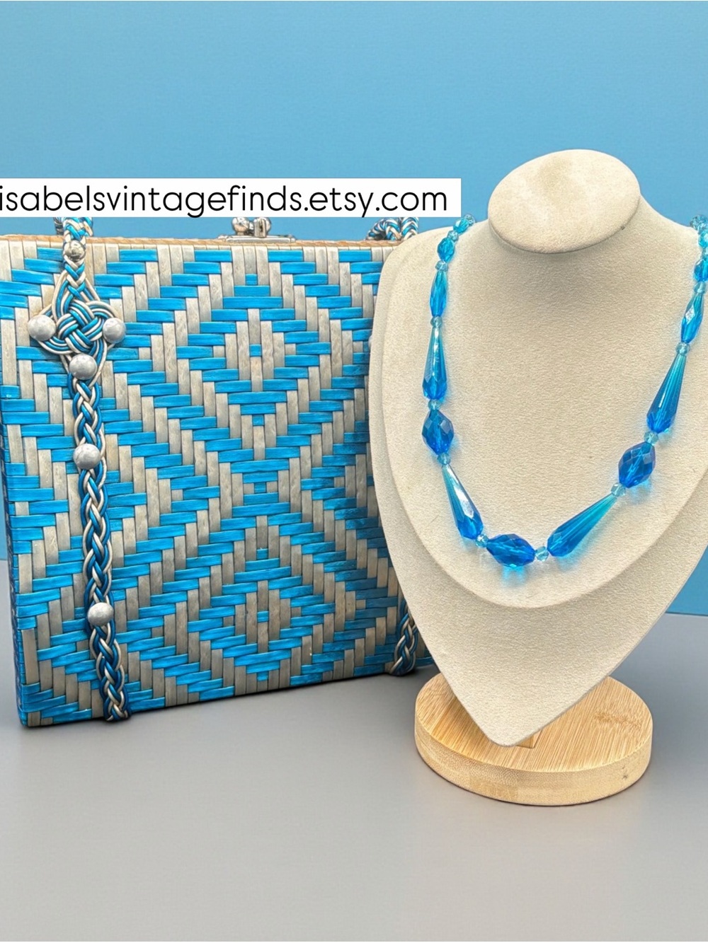 Blue and silver vintage Woven Shoulder Bag with coordinating glass necklace